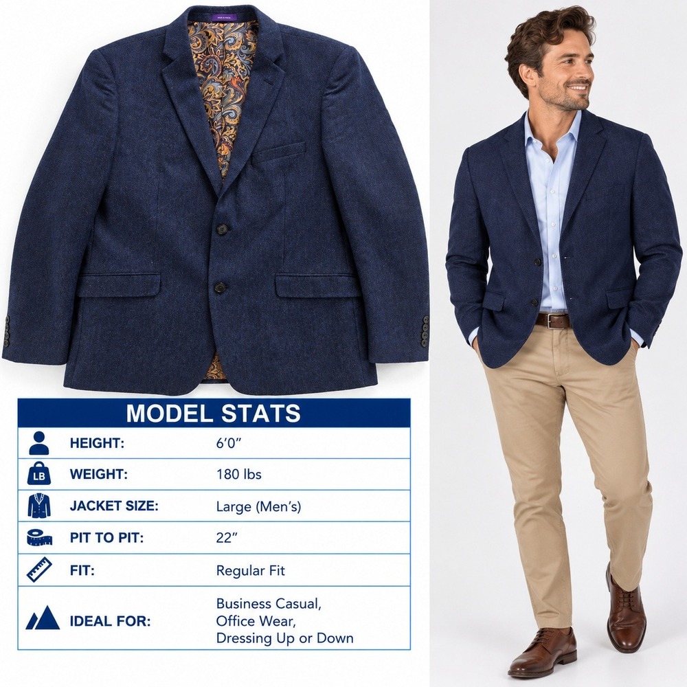 Alan Flusser Mens Navy Blue Herringbone Wool Blend Blazer Sport Coat Large